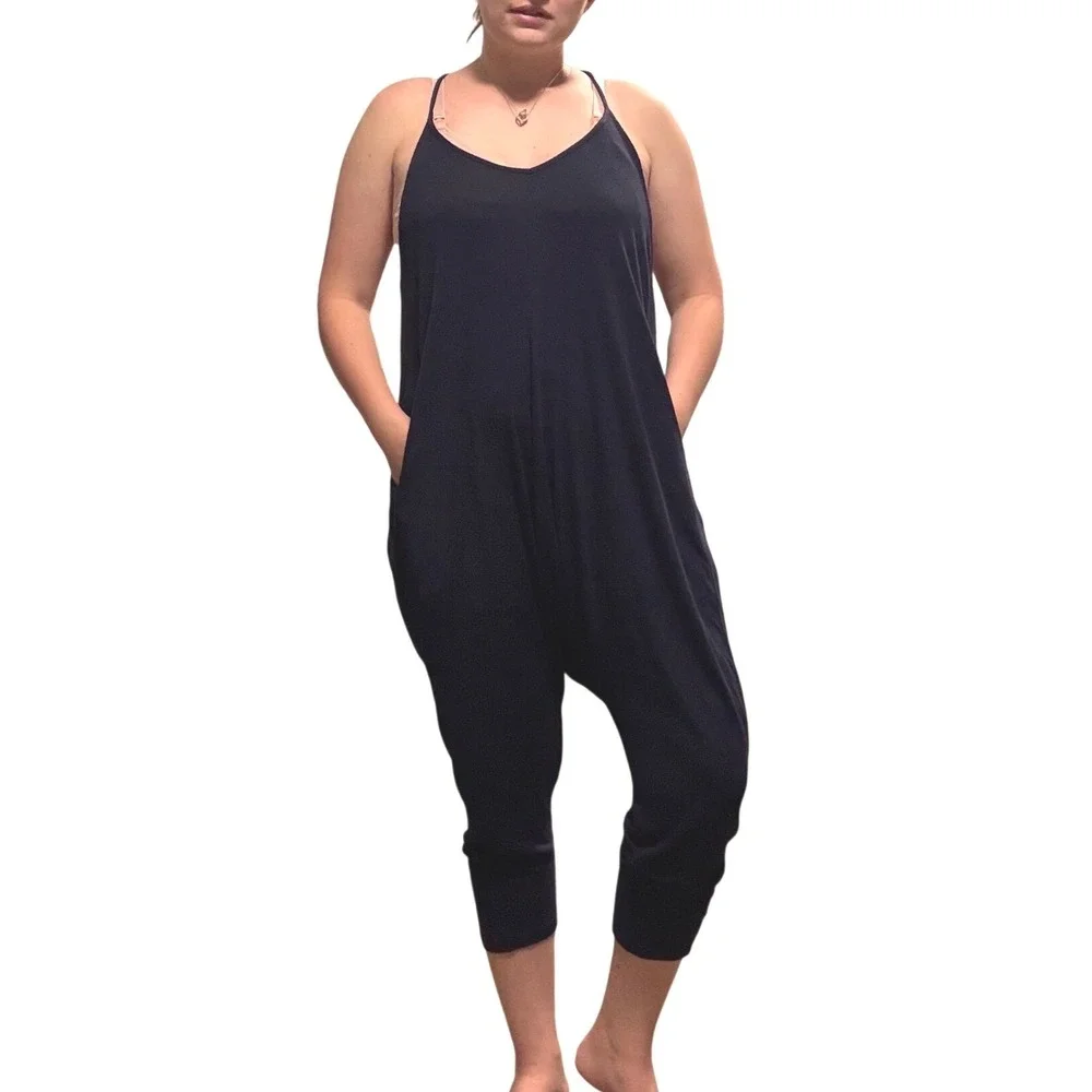 Free People Hot Shot Onesie Navy Blue Ribbed Harem Jumpsuit XS oversized boho